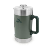 Stanley Classic Stay Hot French Press 1.4L / 48OZ Hammertone Green - Se mantiene caliente 4 horas - Filtro de malla - Sedimento mínimo - Prensa de café de acero integrada - Sin BPA
