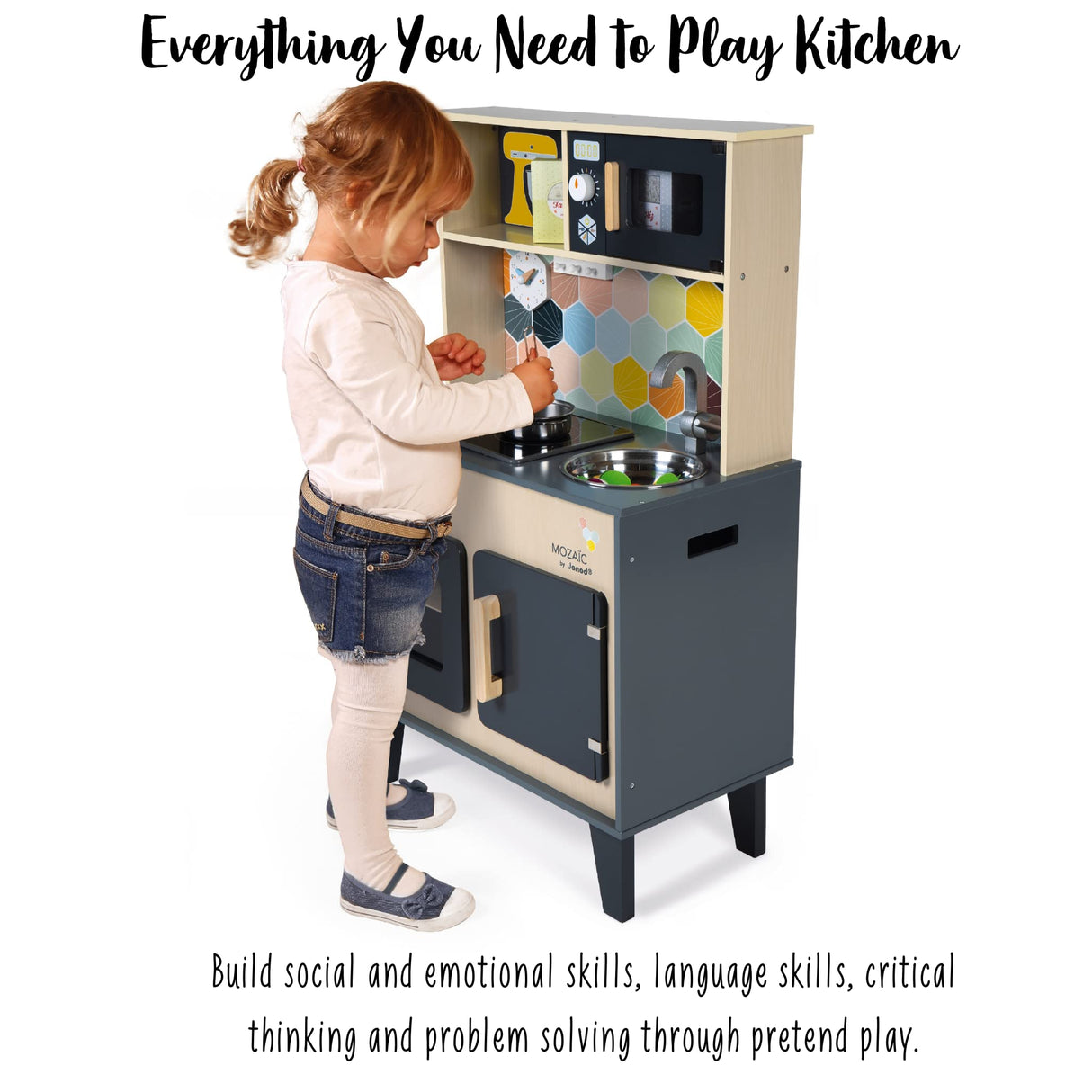 Janod - La Gran Cocina Mozaïc - Cocina de madera para niños - Cocina equipada con luz y sonido - Cocina de madera con 3 accesorios + 3 cajas de cartón para comida - A partir de 3 años,J06609