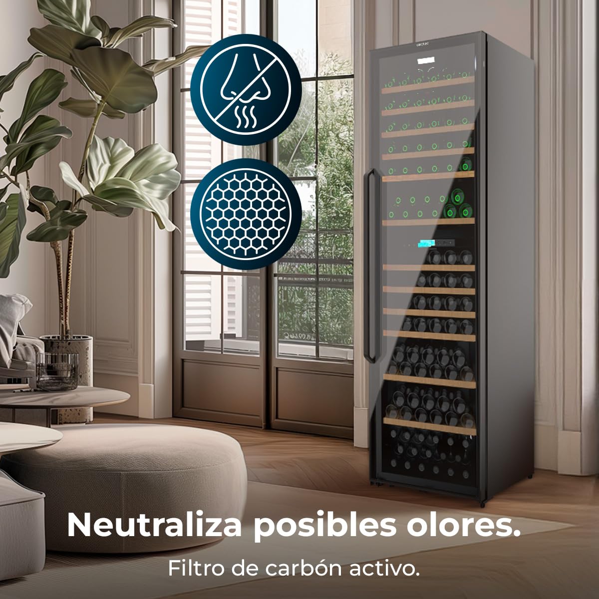 Cecotec Vinoteca 176 Botellas Bolero GrandSommelier Duo 176000 Black. Temperatura Dual, Protección UV, Alarma Temperatura, Filtro Carbón, Puerta Reversible, LED, Compresor Eficiente