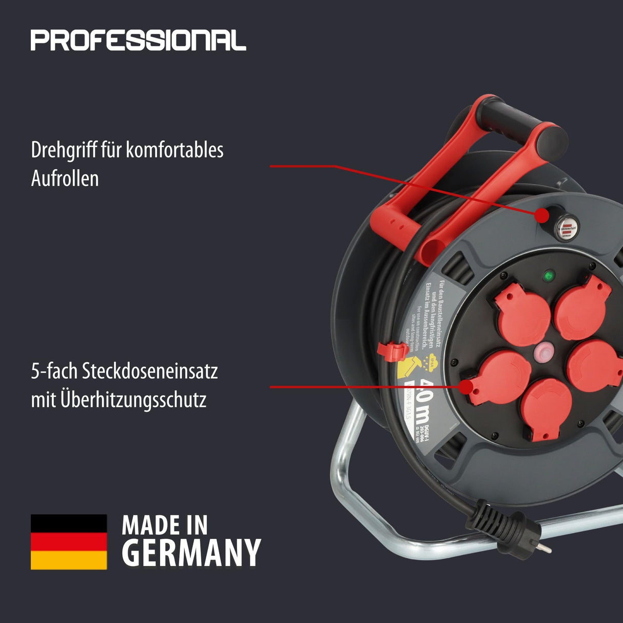 Brennenstuhl Carrete de cable profesional 300 KU 2100 (cable de 25 m en negro, fabricado en plástico especial, para uso en obras de construcción y uso permanente en exteriores, fabricado en Alemania)