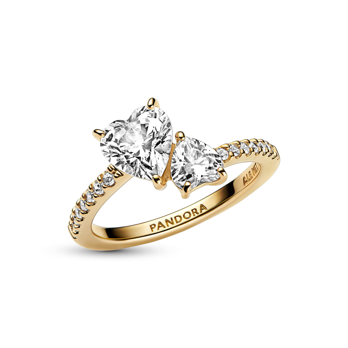 Pandora Timeless Anillo con diseño de corazón doble centelleante chapado en oro de 14 quilates con de circonitas cúbicas transparentes, talla 56