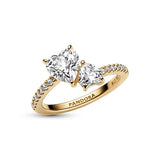 Pandora Timeless Anillo con diseño de corazón doble centelleante chapado en oro de 14 quilates con de circonitas cúbicas transparentes, talla 56