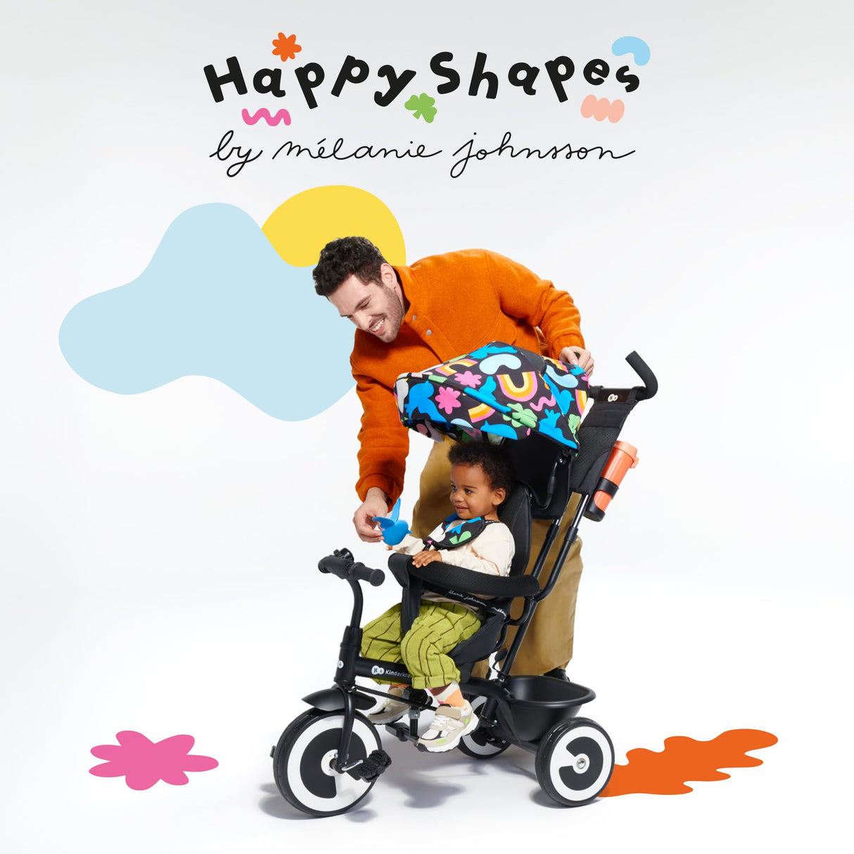 Kinderkraft Aston Triciclo Evolutivo, Bicicleta Sin Pedales, Bicicleta Bebe, para Niños, Cinturón, con Accesorios, Portavasos, Cesta, 9 Meses a 25 kg, Happy Shapes