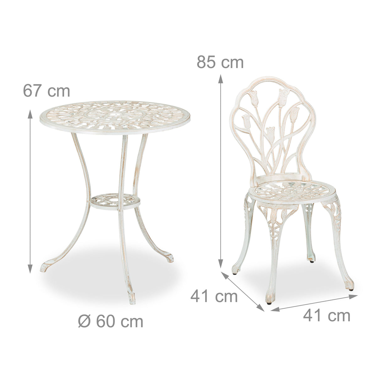 Relaxdays Mesa y Sillas Terraza, Conjunto Jardín Exterior, Aluminio Fundido, Muebles Patio Diseño Antiguo, Blanco/Bronce, 67 x 60 cm