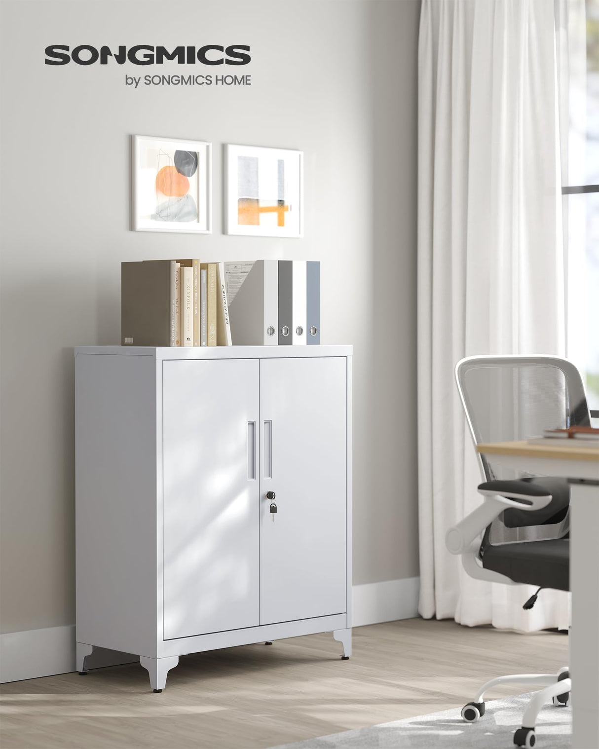 SONGMICS Archivador de Oficina, Armario Multifuncional, 2 Puertas, con Cerradura, Almacenamiento de Acero, para Sala de Estar, Gris Mate OMC013G01
