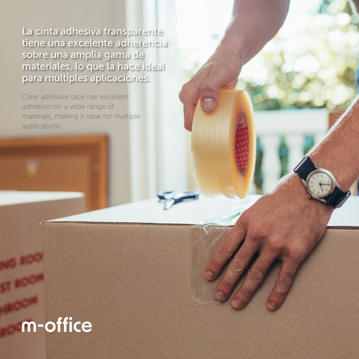 m-office Cinta Adhesiva Transparente, Cinta de Embalar Adhesiva para Embalaje de Cajas, Envíos, Mudanzas y Manualidades, Precinto Transparente Seguro y Resistente (48mmx120m, x48)