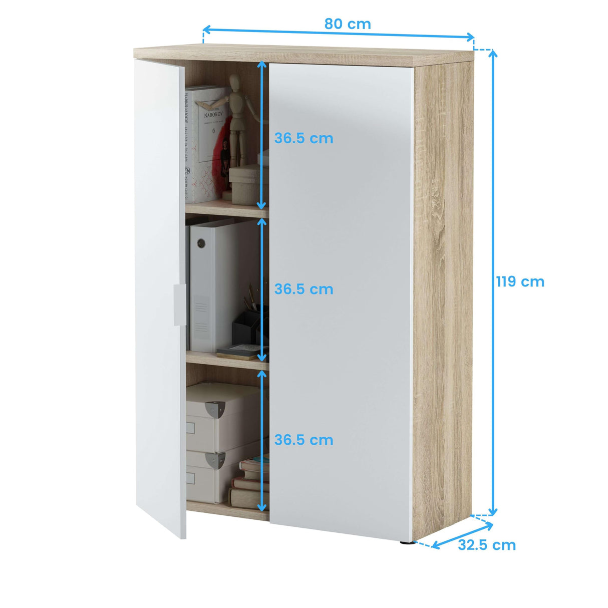 Habitdesign Mueble Auxiliar Despacho, Armario Estudio, 119x80x32,5 (AltoxAnchoxFondo - en cm), Color Blanco Artik y Roble Canadian, Modelo Office