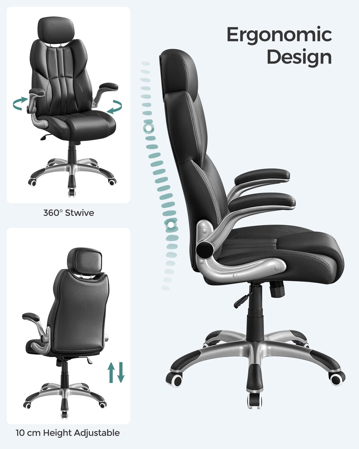 SONGMICS Silla de Oficina, Silla Gaming Ergonómica, Mecanismo de Inclinación, Apoyabrazos Plegables, Ruedas Universales, Altura Ajustable, Silla Racing, Negro Tinta OBG65BK