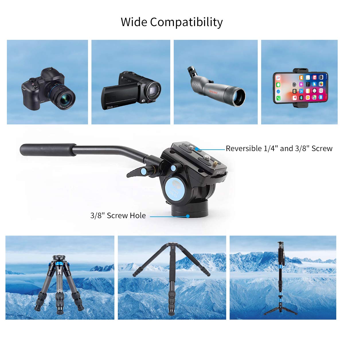 SIRUI Fluid Cabeza de vídeo con la Placa de liberación rápida de Carga máxima de 3 kg 360 Grados Arca Suizo Compatible (AM-5V)