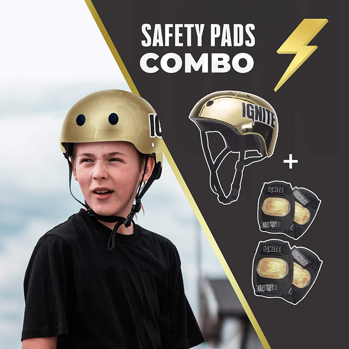 MONDO Toys-Chroma Gold Combo Pack-Monopatín Flash LED Ruedas | Casco & Protections Included – 25568 Street Ignite Poliuretano-Skate Protecciones oro-25568, tamaño único, Color, 55 x 15