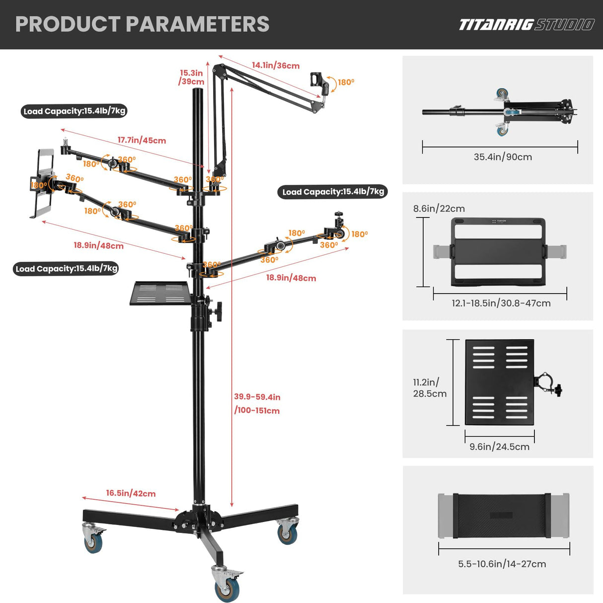 TARION Soporte Camara Mesa Brazo: Soporte para Camara de Escritorio Flexible Overhead Camera Mount Rig Fotografia con Brazo Articulado para Luz de Anillo Micrófono Video Titanrig(Conjunto de Pasillo)