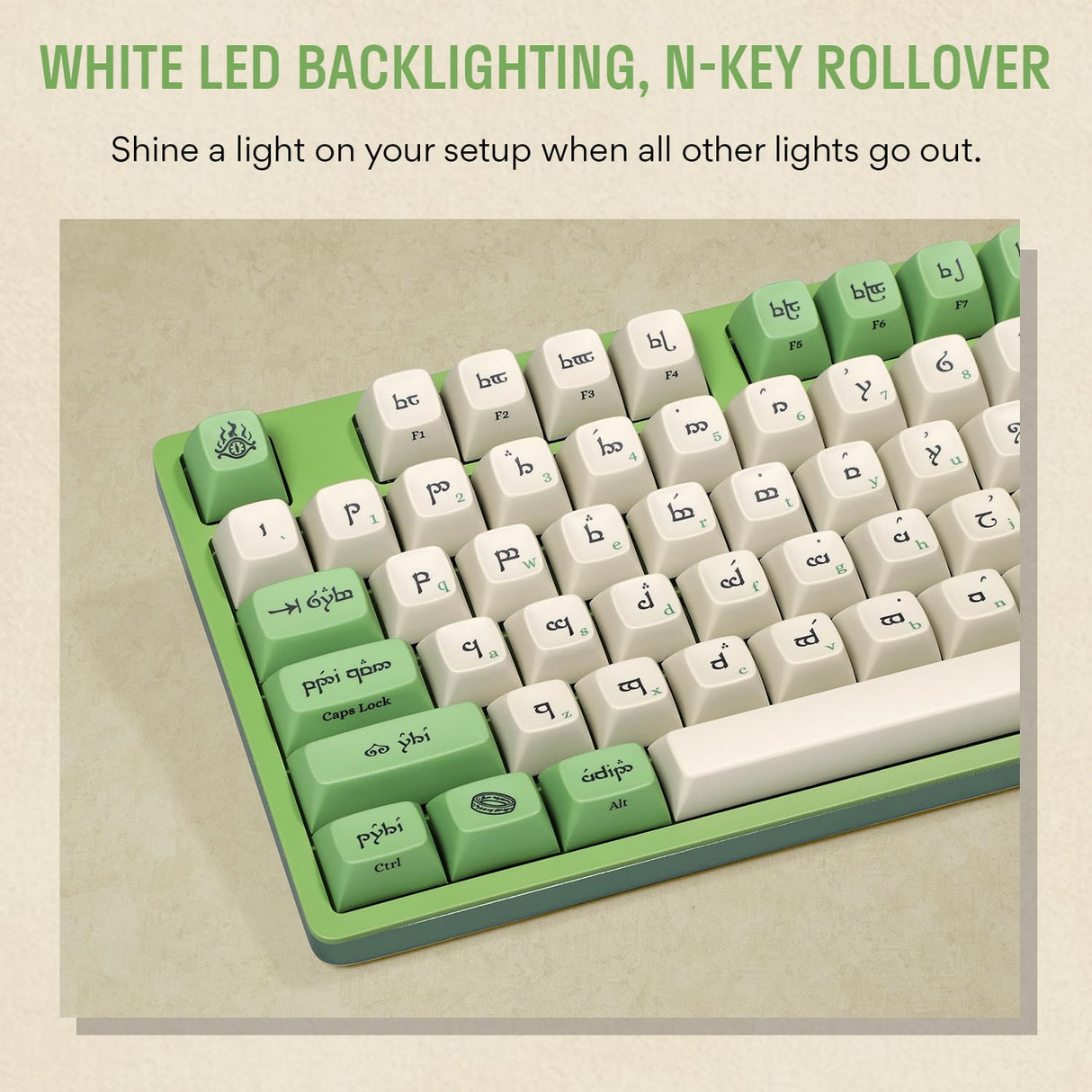 Drop + Teclado mecánico Elvish TKL de The Lord of The Rings™, Teclas de Perfil MT3 con Teclas Accent, interruptores táctiles Holy Panda X, Teclas PBT Dye-Sub, retroiluminación LED, Verde