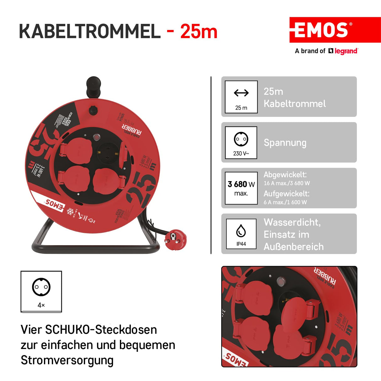EMOS 1000116.30 Enrollacables Profesional alargador, 25m de Cable con 4 enchufes Schuko, 2,5 mm2 Goma, IP44, para Uso Exterior, Macho a hembra, negro/azul