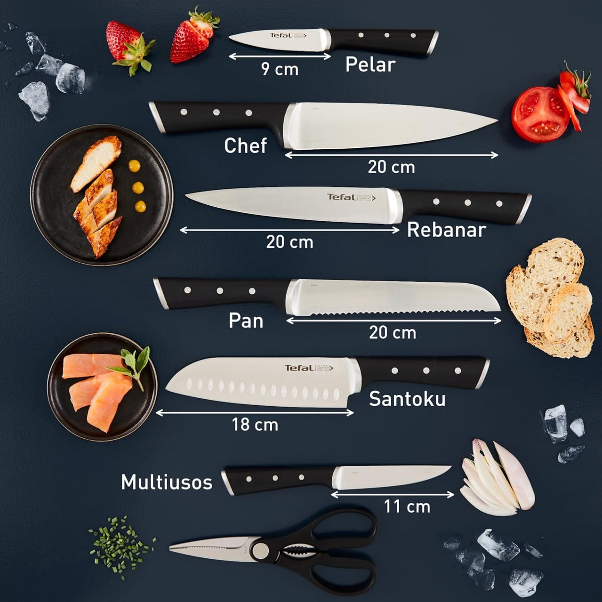 Tefal Ice Force – Bloque de 7 cuchillos: Pan 20 cm, Chef 20cm, Santoku 18 cm, Universal 11cm, Pelar 9cm | Acero Inoxidable Alemán, Corte Preciso, Mango Remachado, Resistente a la Corrosión
