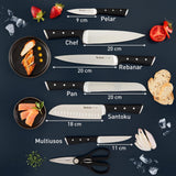 Tefal Ice Force – Bloque de 7 cuchillos: Pan 20 cm, Chef 20cm, Santoku 18 cm, Universal 11cm, Pelar 9cm | Acero Inoxidable Alemán, Corte Preciso, Mango Remachado, Resistente a la Corrosión