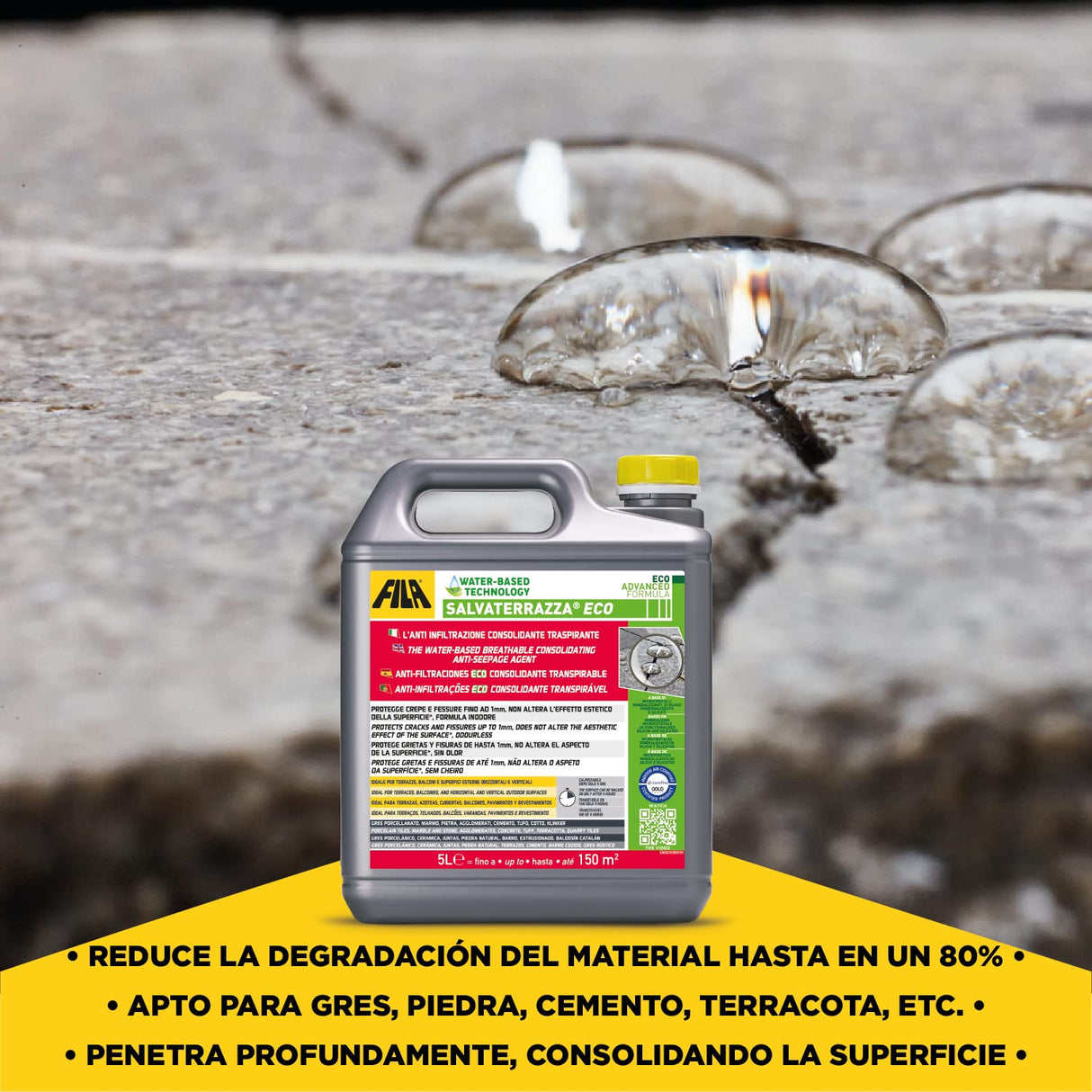 FILA Surface Care Solutions, SALVATERRAZZA® ECO, Protector impermeabilizante transparente con base agua para pavimentos, efecto consolidante antifiltraciones en grietas de hasta 1 mm. Env.5L