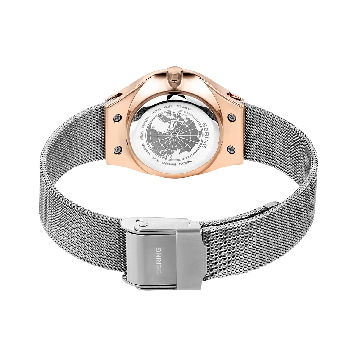 BERING 14427-060 Reloj Solar para Mujer con Caja de Acero Inoxidable de 27 mm con Acabado en Oro Rosa y Esfera Blanca, Correa milanesa, Cristal de Zafiro y Resistencia al Agua de 5 ATM