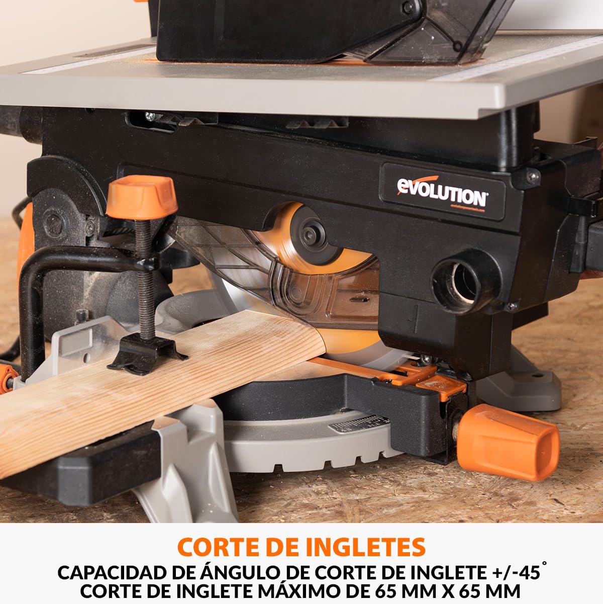 Evolution Power Tools R210MTS-G2 Sierra híbrida convertible de mesa/ingletadora, compacta y portátil, corte multimaterial, corta madera, metal, plástico, etc.; incluye una hoja de 210 mm