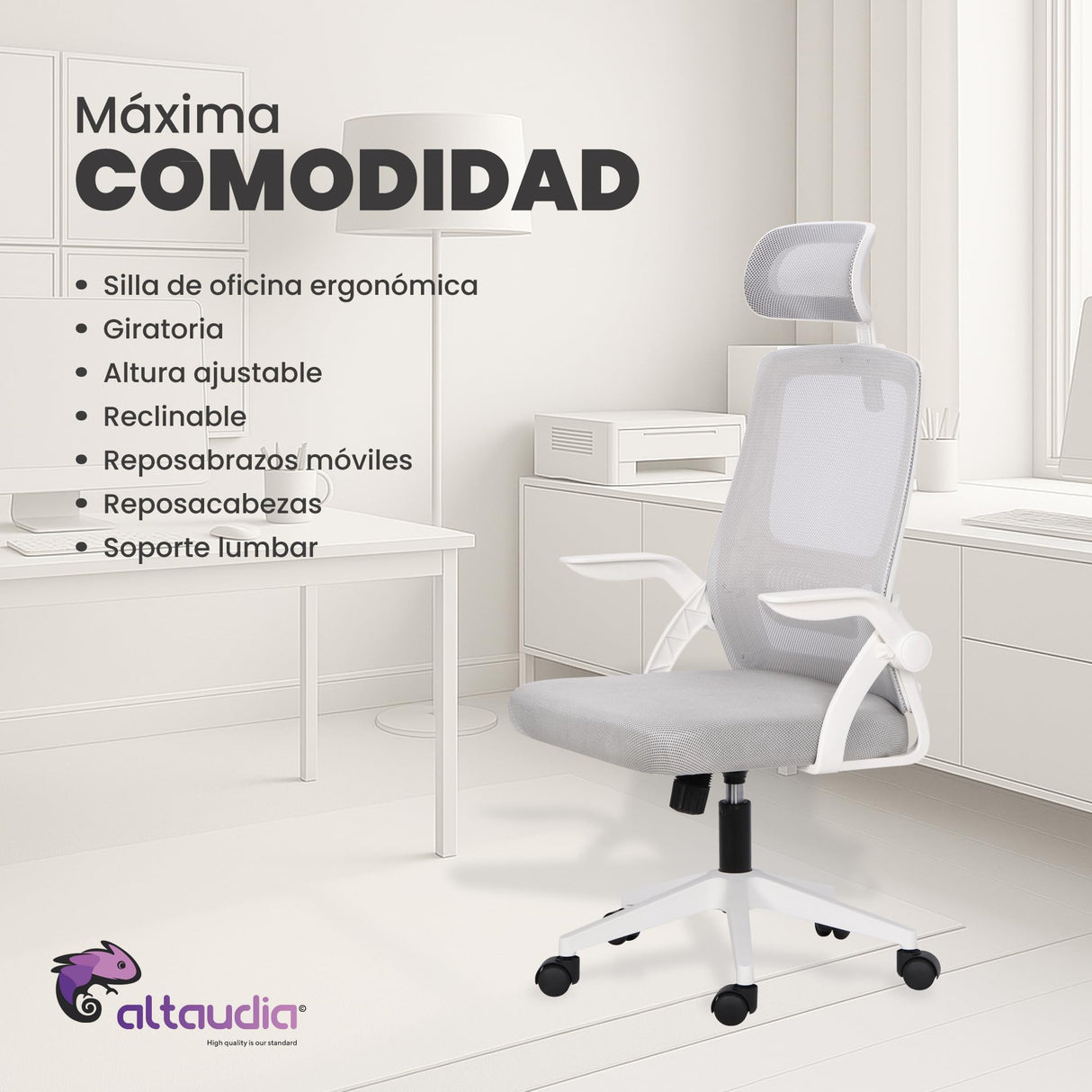 Altaudia Silla de Escritorio y Oficina de Trabajo - Ergonómica Ajustable y Reclinable - Reposabrazos móviles, Cabezal, Reposacabezas, Función de Inclinación, Silla Giratoria, Soporte Lumbar, Blanco