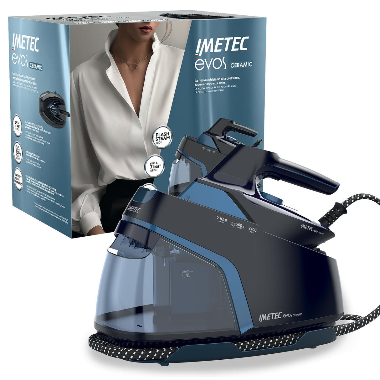 Imetec Evos Ceramic Plancha con Caldera, Presión de hasta 7 bares, Tecnología Flash Steam, Golpe de Vapor de 500 g, Placa Deslizante Infinity Glide Ceramic, 2400 W, Antical, Recarga continua
