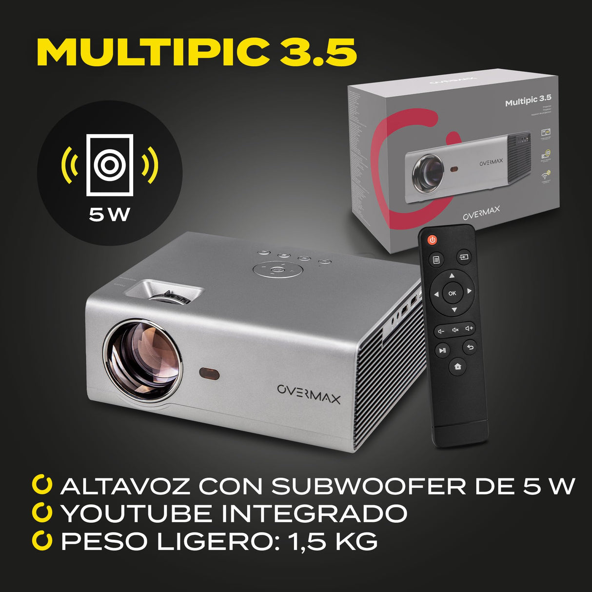 OVERMAX Proyector Multipic 3.5 Full HD LED proyector WiFi Proyector Home Cinema Proyector Incorporado Youtube Altavoz con subwoofer HDMI USB D-Sub Mando a Distancia tamaño Compacto