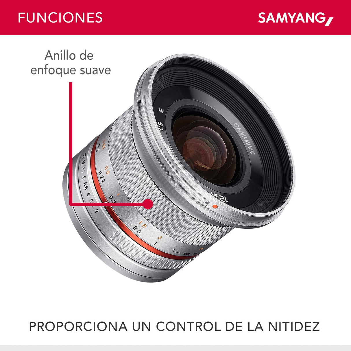 Samyang F1220510102 - Objetivo fotográfico CSC-Mirrorless para Fuji X (Distancia Focal Fija 12mm, Apertura f/2-22 NCS CS, diámetro Filtro: 67mm), Plateado