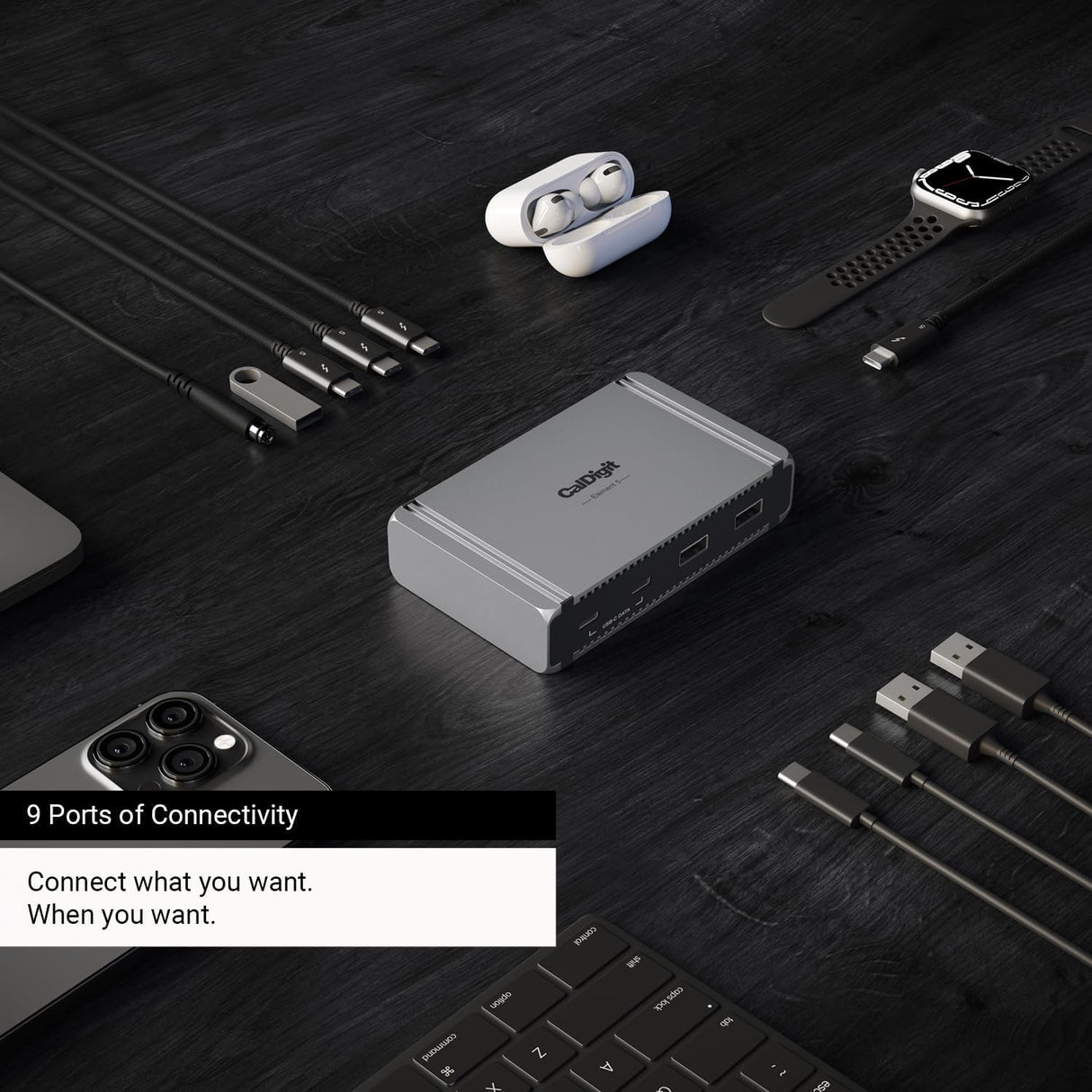 CalDigit E5 - Thunderbolt 5 Element 5 Hub - 9-Puerto, 4 x Thunderbolt 5/USB4 v2 Puertos, 3xUSB-A y 2xUSB-C 10Gb/s Puertos, Single 8K, Dual 6K/8K, Oro Dual 4K@240Hz Displays, 90W Charging, 0,8 m Cable