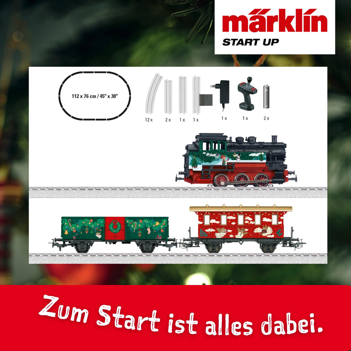 Märklin Start up 29124 - Kit de Inicio de Navidad con Locomotora de Vapor, Coche de pasajeros y vagones de mercancías con diseño navideño, vía H0, a Partir de 6 años, Ideal para Entrar en el