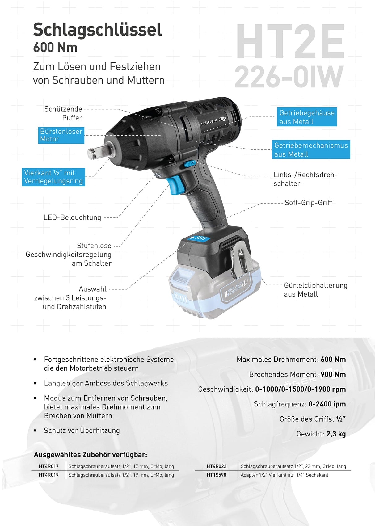 Högert Technik Atornillador de impacto inalámbrico de 18 V, 600 Nm, par de arranque de 900 Nm, motor sin escobillas, mango cuadrado de ½, iluminación LED, engranaje metálico + batería PROMO de 2,0 Ah