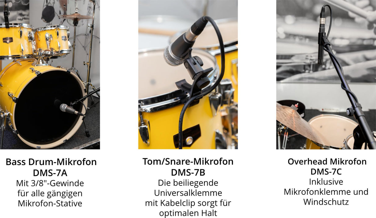 Pronomic DMS-7 Set de Micrófonos para Batería - Set de 7 Micrófonos para Escenario y Estudio - Micrófono de Grabación para Batería e Instrumentos de Percusión - Incluye Maletín