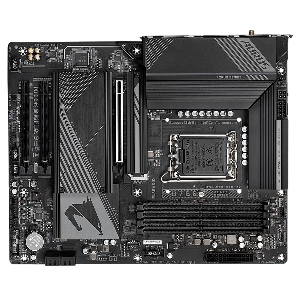 GIGABYTE B760 AORUS ELITE AX Placa base - Soporta CPUs Intel Core de 14ª generación, VRM de 12+1+1 fases, hasta 7800MHz DDR5 (OC), 1xPCIe 4.0 + 2xPCIe 3.0 M.2, Wi-Fi 6E, LAN de 2.5GbE, USB 3.2 Gen 2