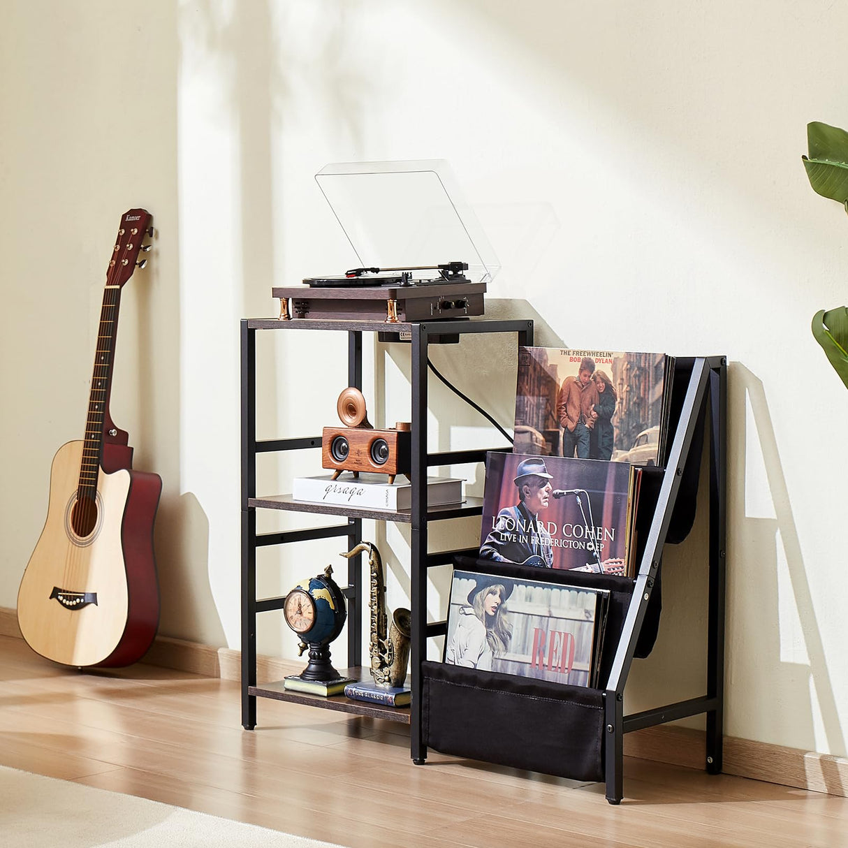 VEVOR Soporte para Tocadiscos 840 x 300 x 740 mm de 3 Niveles con Estación de Carga y Puertos USB, Admite Hasta 200 álbumes, Soporte para Tocadiscos con Almacenamiento de Discos de Vinilo, Negro