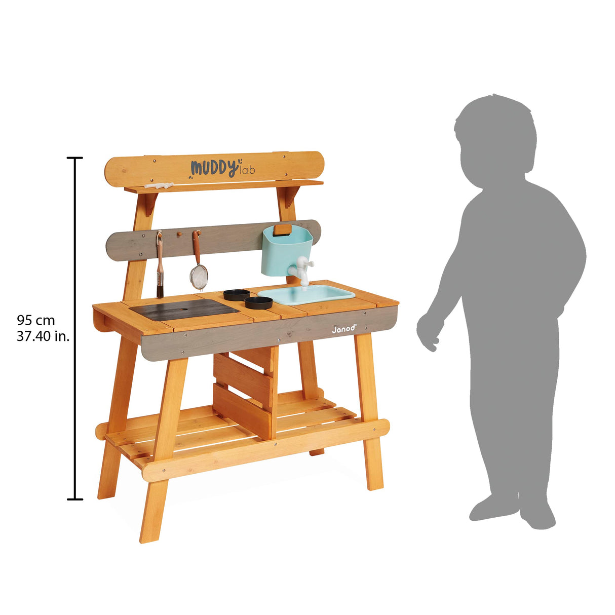 JANOD Muddy Lab-Cocina Infantil de Madera FSC-10 Accesorios-Juego de Imitación Exterior para Niños-A Partir de 3 Años, J06632, Color Azul Cielo/Gris, 77 x 35 x 95 (JURATOYS