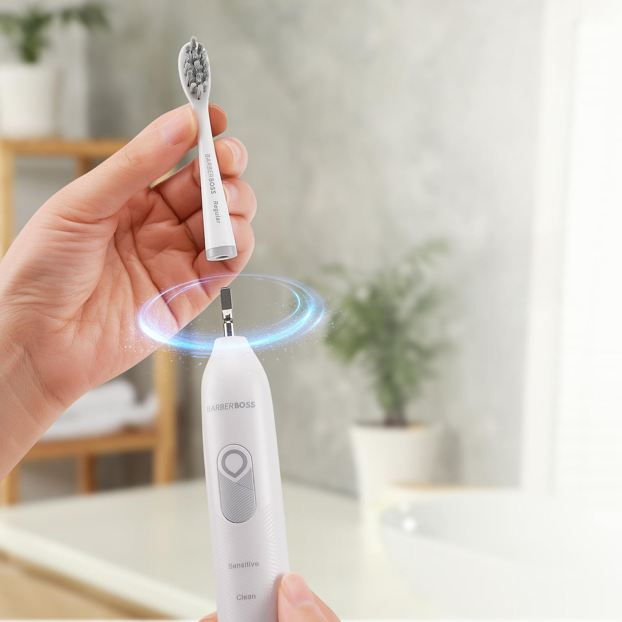 BarberBoss Cepillo de dientes eléctrico inteligente para adultos, 6 cabezales de repuesto, 5 modos de limpieza, sensor de presión, temporizador de intervalo cuádruple y carga USB, cepillo de dientes