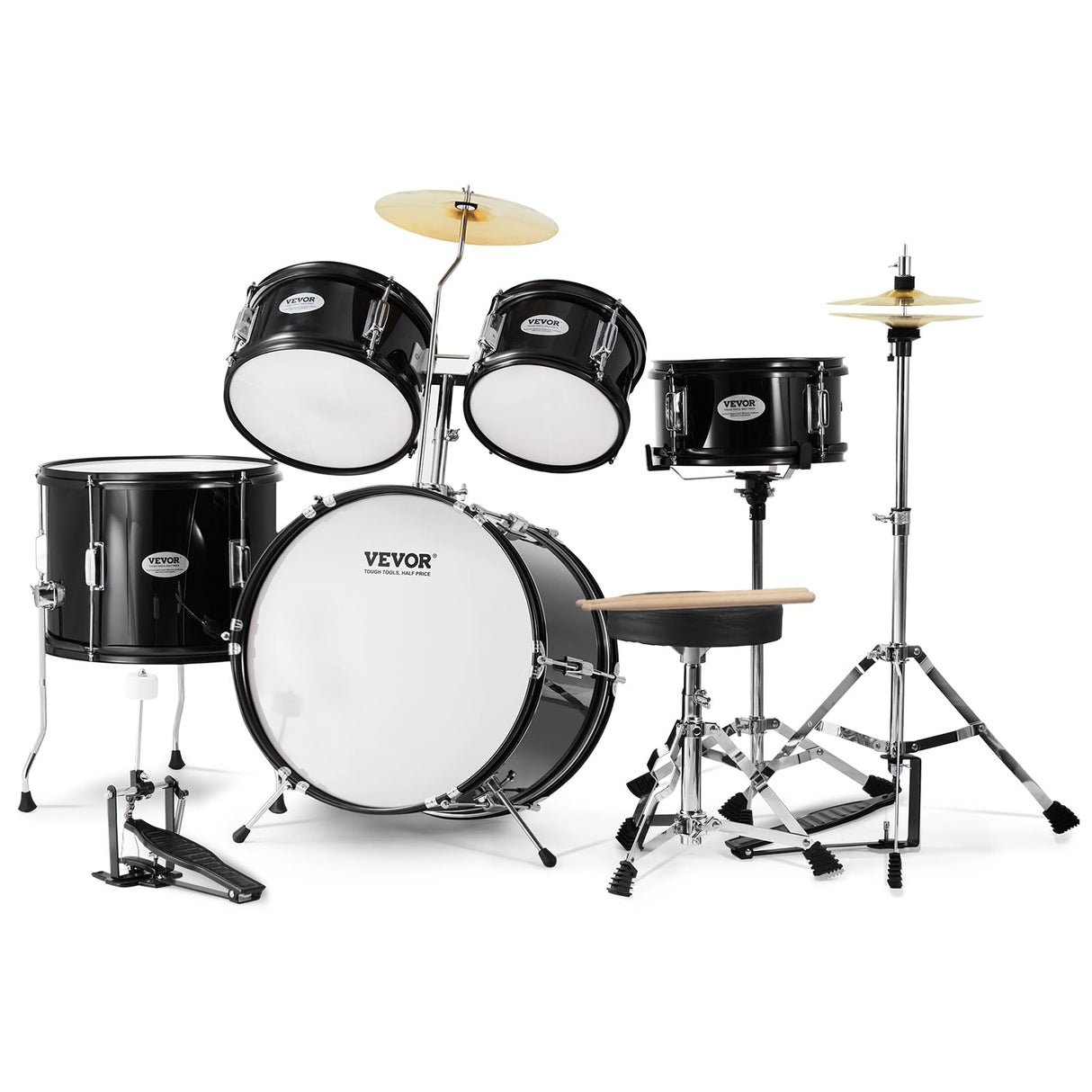 VEVOR Juego de Batería para Niños de Cinco Piezas, Juego Completo de Batería para Niños Principiantes con Bajo, TOMS, Caja, Bombo, Trono Ajustable, Pedal de Charles y Dos Pares de Baquetas, Negro