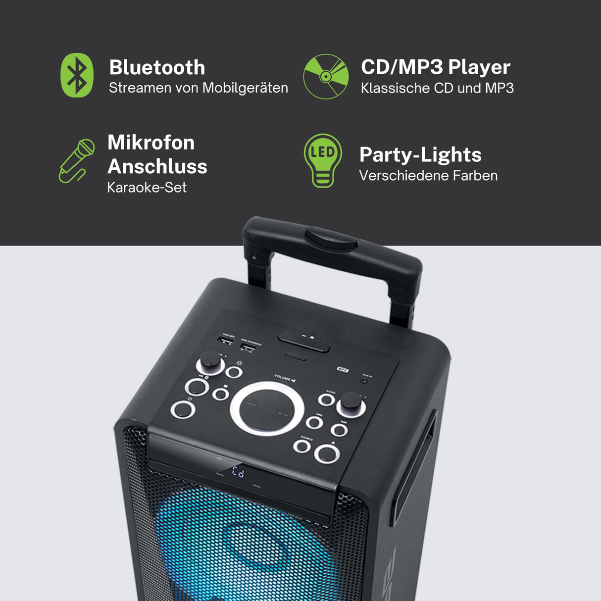 Muse M1920DJ Equipo PA con batería de 300 W con CD, Bluetooth y Efectos de luz (USB, AUX, micrófono, Mando a Distancia), Color Negro
