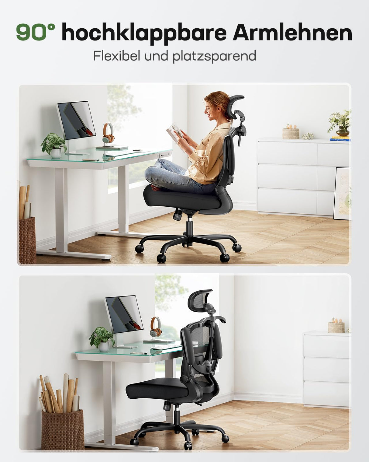 Marsail Silla de Oficina ergonómica con reposacabezas 3D y Soporte Lumbar 3D, Silla de Escritorio ergonómica con reposabrazos abatibles, Bloqueo de inclinación de 90° – 120° y cojín Grueso, soporta