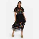 Maya Deluxe Women's Ladies Midi Dress Black Short Puff Sleeves Round Neck Floral Embroidered Open Back Tie A-Line Occasion Evening Vestido, 40 para Mujer