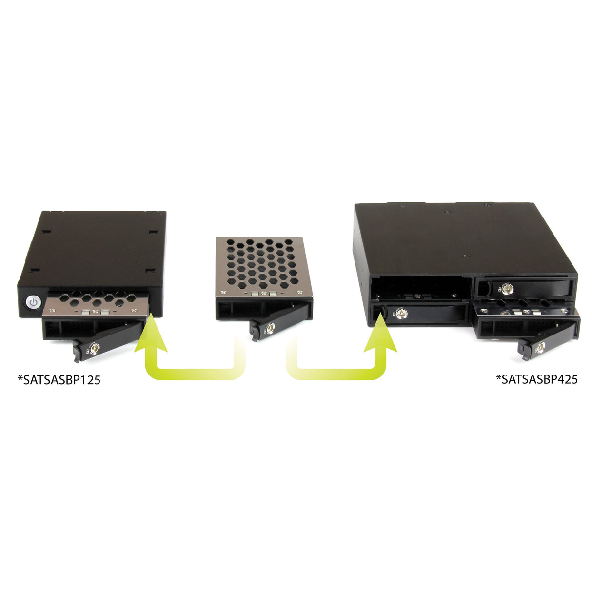 StarTech.com Backplane Rack Móvil de 4 Bahías para Unidades de Disco SATA/SAS de 2,5 Pulgadas - Intercambio en Caliente de SSDs o HDDs de 5 a 15mm - Compatible con SAS II y SATA III (SATSASBP425)
