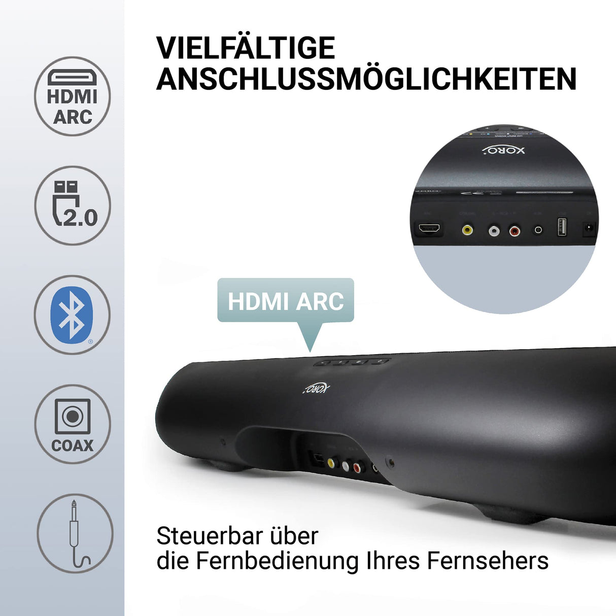 Xoro Altavoz estéreo para televisión HSB 70 con Bluetooth, 60 W de Potencia de Salida, AV IN, HDMI ARC, Reproductor Multimedia USB 2.0, Incluye Soporte de Pared, Mando a Distancia por Infrarrojos
