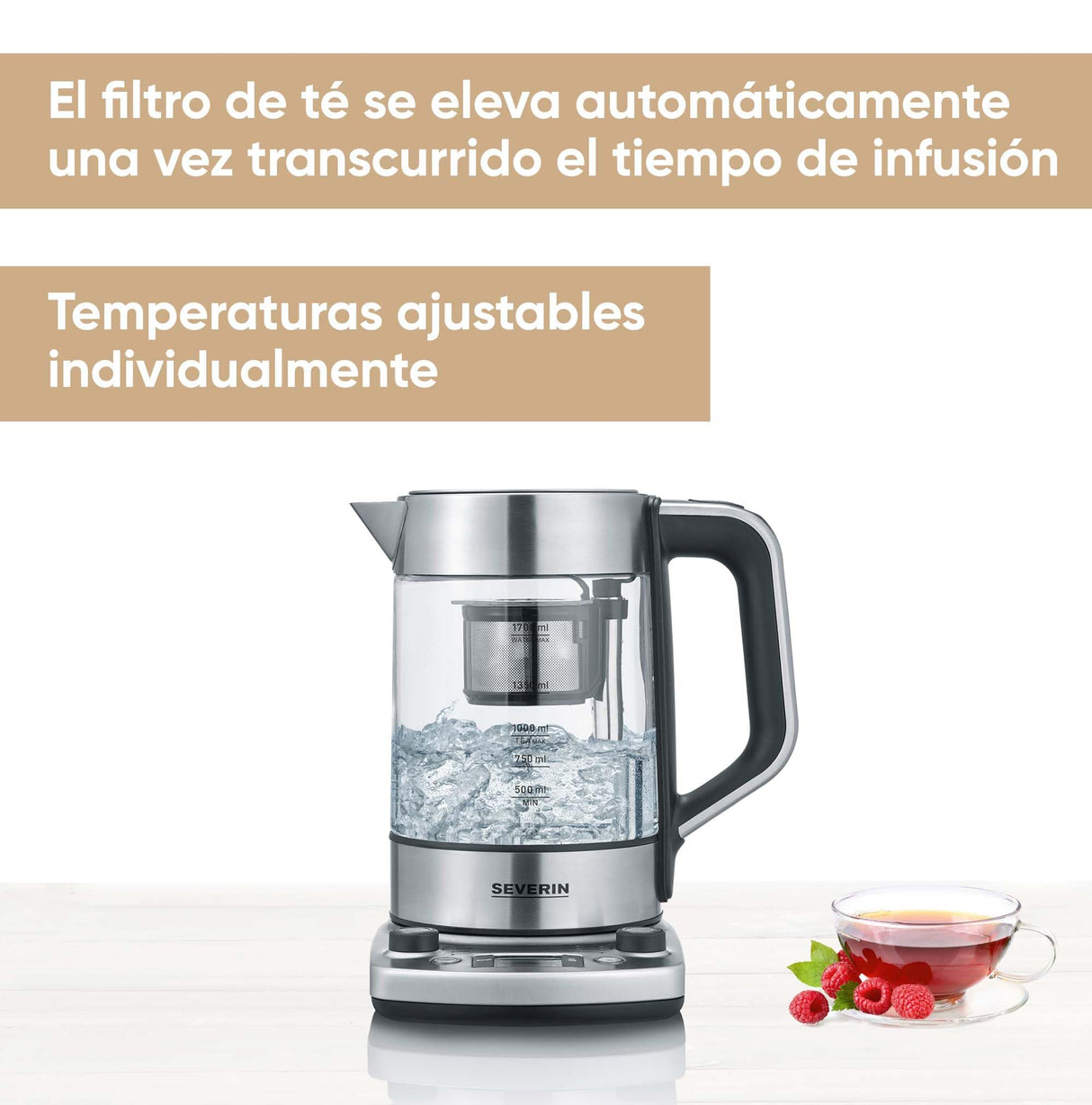 SEVERIN - Hervidor de té y agua de cristal con elevación automática, 1.7 L, 3000 W, Elemento calefactor oculto por placa de acero inoxidable, acero inoxidable y cristal, WK 3422
