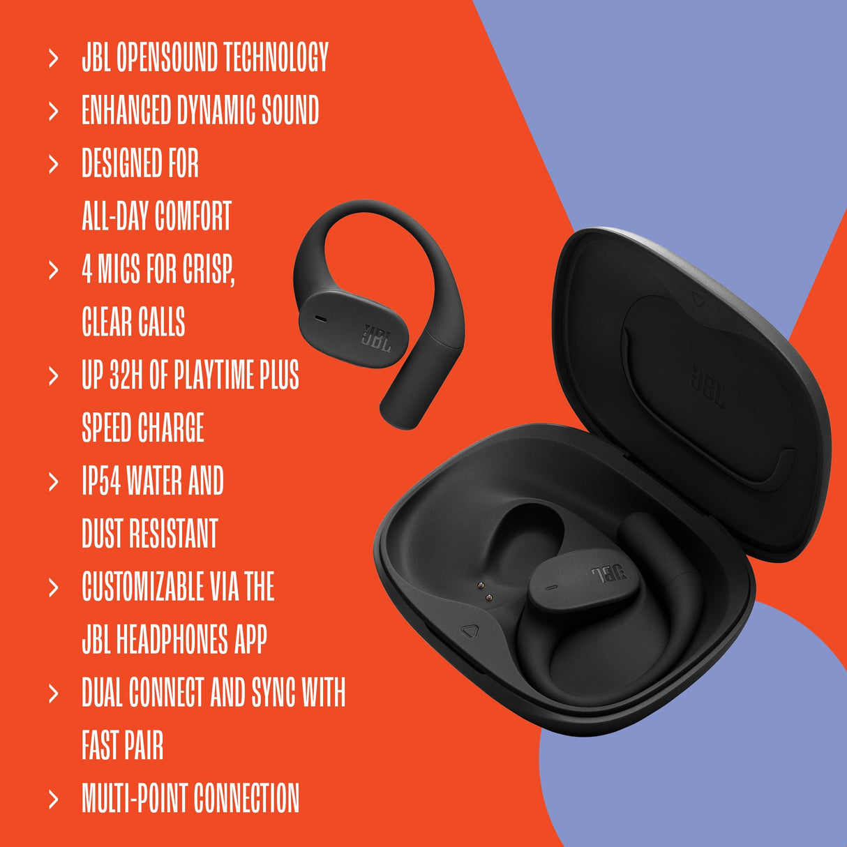 JBL Sense Lite Auriculares inalámbricos Abiertos True Wireless, diseño de Gancho para Oreja, conducción aérea, OpenSound, 32 h de autonomía, Resistencia al Agua/Polvo IP54, Headphones, Violeta
