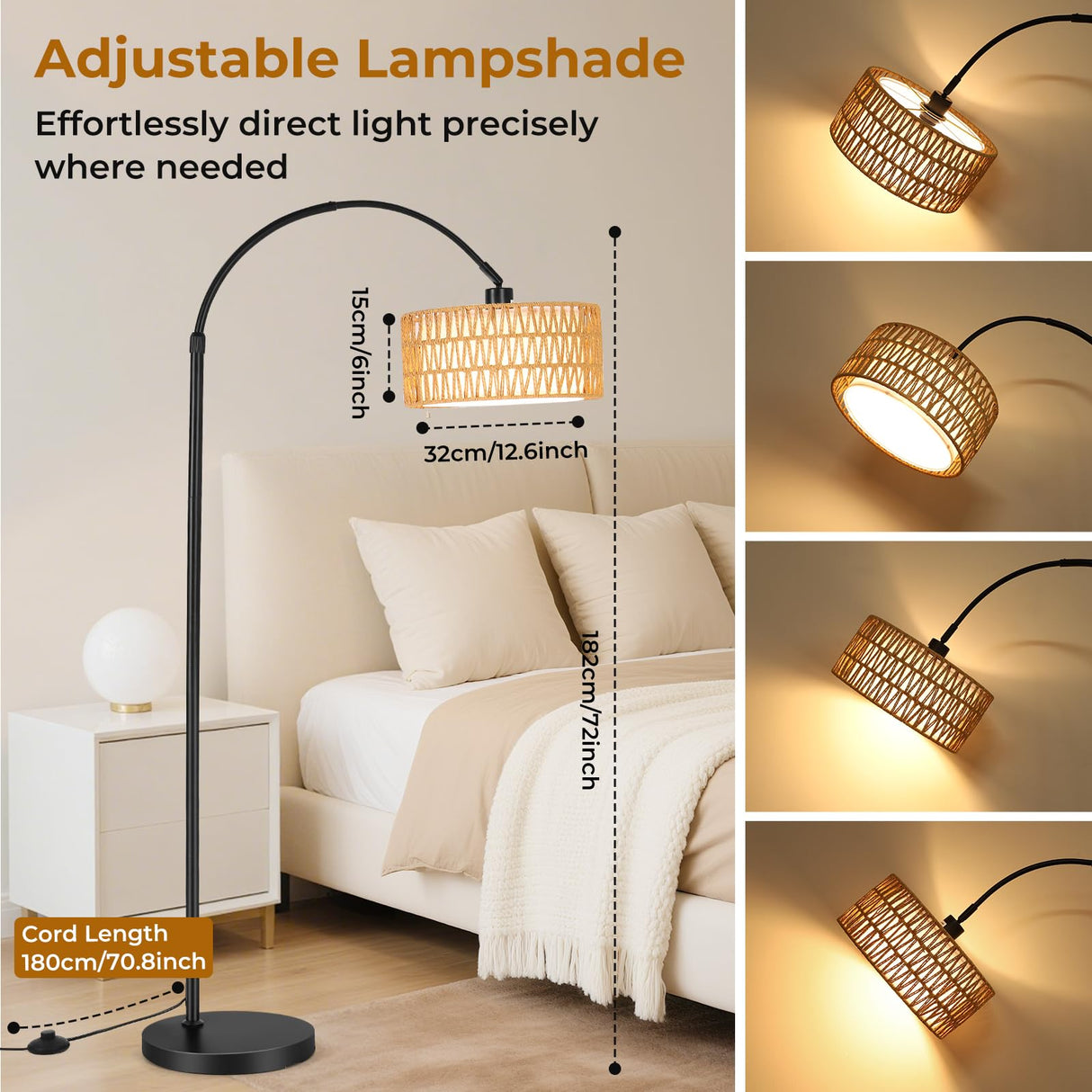 Lámpara de Pie LED Regulable - 9W 900LM Lampara de Pie Arco con Mando & Bombilla E27, Luz para Leer para Salón, Dormitorio, Oficina - Negro