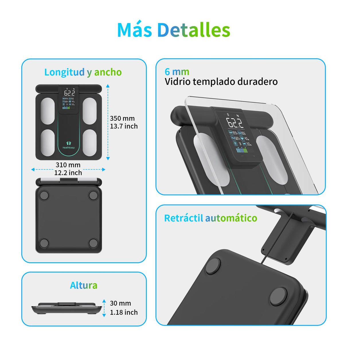Healthkeep Báscula Persona Balance Conectada Impedancia Con 8 Electrodos 21 Datos Corporal Pantalla VA Medición BIA de Doble Frecuencia Con APP para Andriod e iOS, Máx. 180 kg/400 lb/28