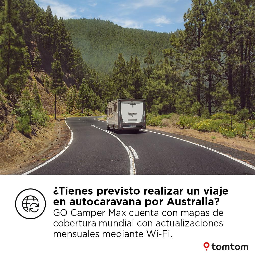 TomTom GPS para Autocaravana GO Camper MAX de 2. Gen. Pantalla de 7" con PDI, actualizaciones por Wi-Fi, TomTom Traffic, perfiles de vehículo, mapas del Mundo y Zonas de Bajas emisiones