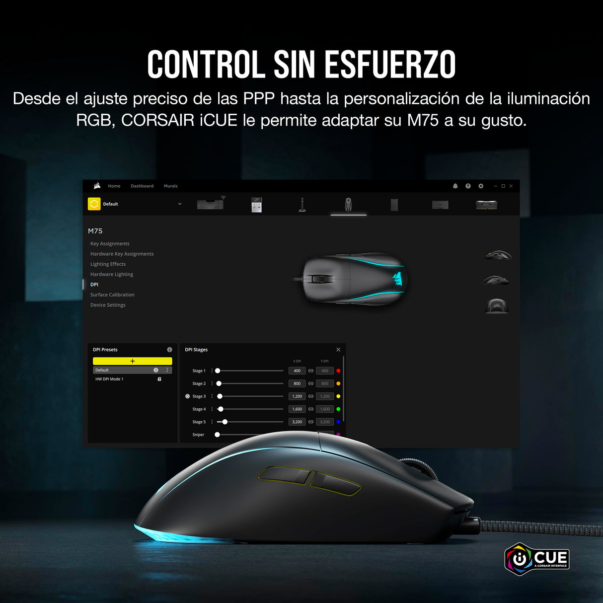 Corsair M75 Ratón para Juegos FPS Ligero RGB con Cable – 26.000 PPP – Botones Laterales Intercambiables – PC – Negro