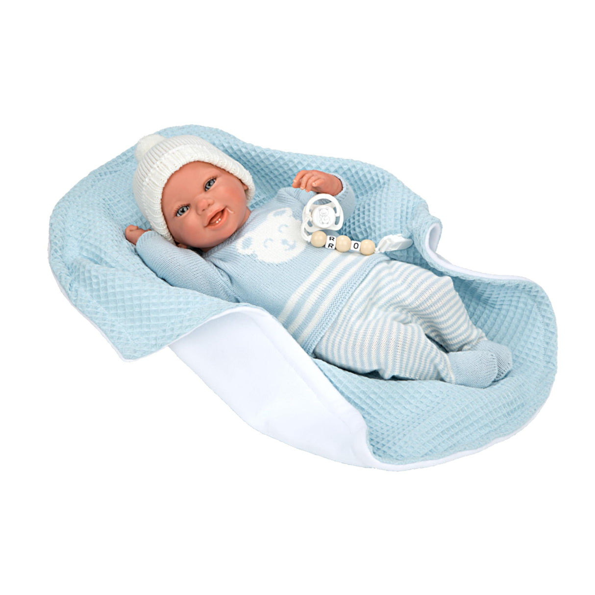 ARIAS - Muñeco Reborn Paulo de 40 cm, con ropita Azul a Rayas y Manta a Juego, bebé recién Nacido con Cuerpo de Vinyl, Accesorios Chupete y chupetero, Juguete para niños Desde +3 años (ARI98148)