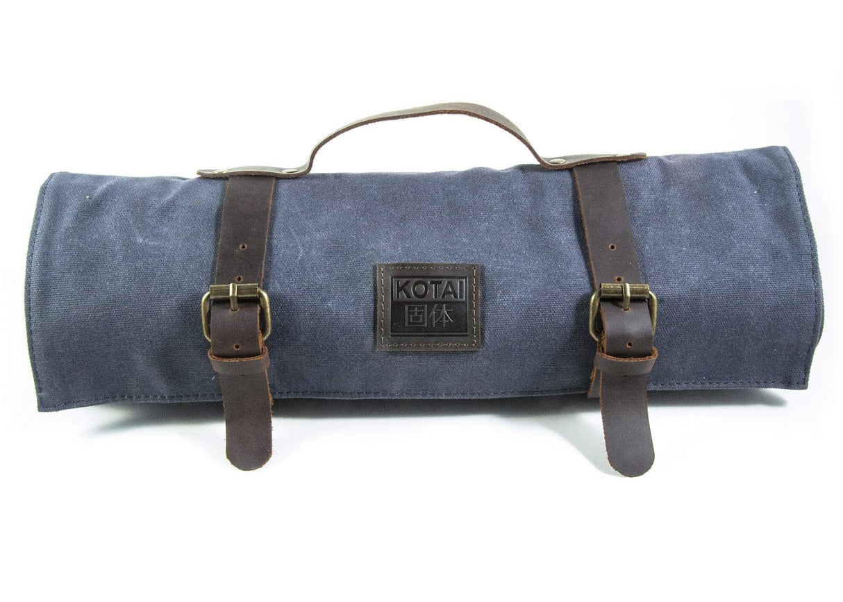 KOTAI | Bolsa Enrollable para Cuchillos de Chef de Cuero | 8 Ranuras para 7 Cuchillos y un Acero para bruñir | Hule Ultra-Resistente | Asas y Correas de Cuero | Bolsillo con Cremallera | Hecho a Mano