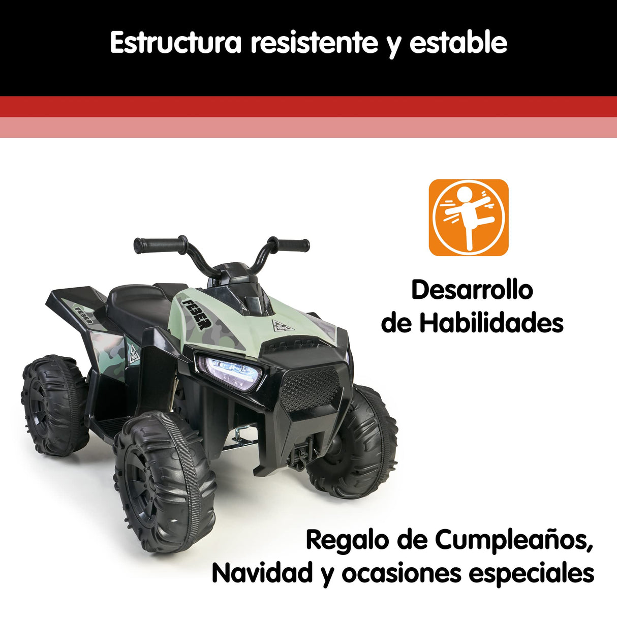 FEBER - Quad Boxer- Vehículo eléctrico a batería de 12V, con Marchas adelante, atrás y Freno, hasta 5 km/h, Cargador Incluido, 45 min de Juego,de 3 a 5 años, Verde,Famosa(FEN03000) Versión Actual