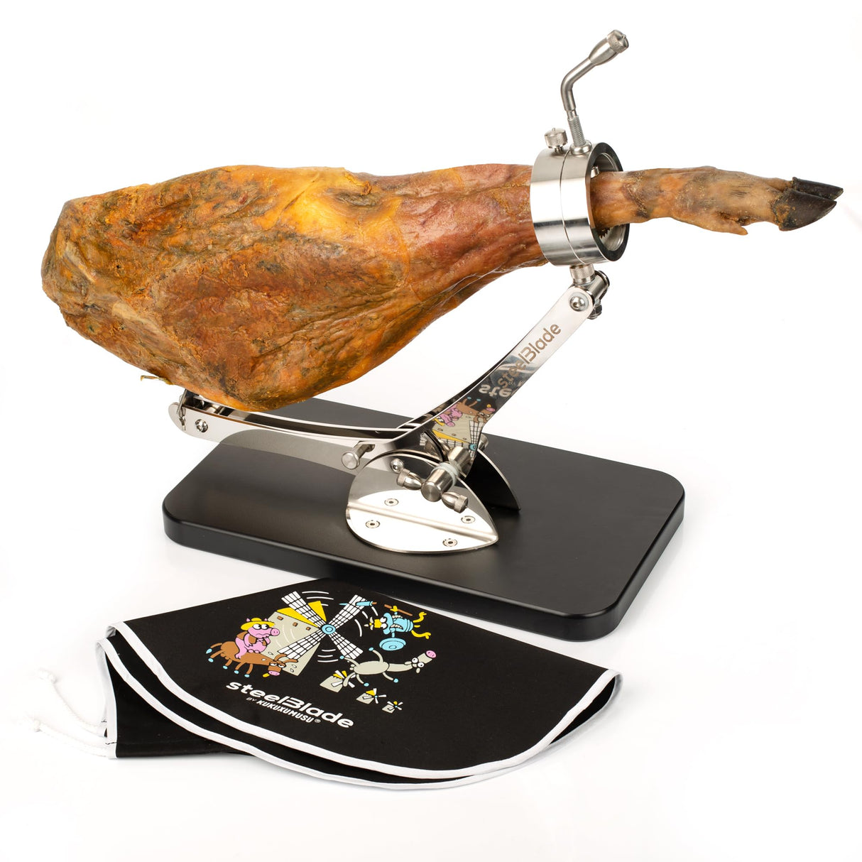 steelBlade - Jamonero Sublim Articulado Giratorio 360º Acero Inoxidable con Ventosa de sujeción + Cubre jamón Kukuxumusu - Soporte Jamonero Fabricado en España